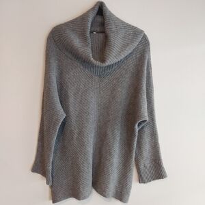 Eileen Fisher Gray Wool Yak Blend Lightweight Ribbed Cowl Neck Tunic Sweater
